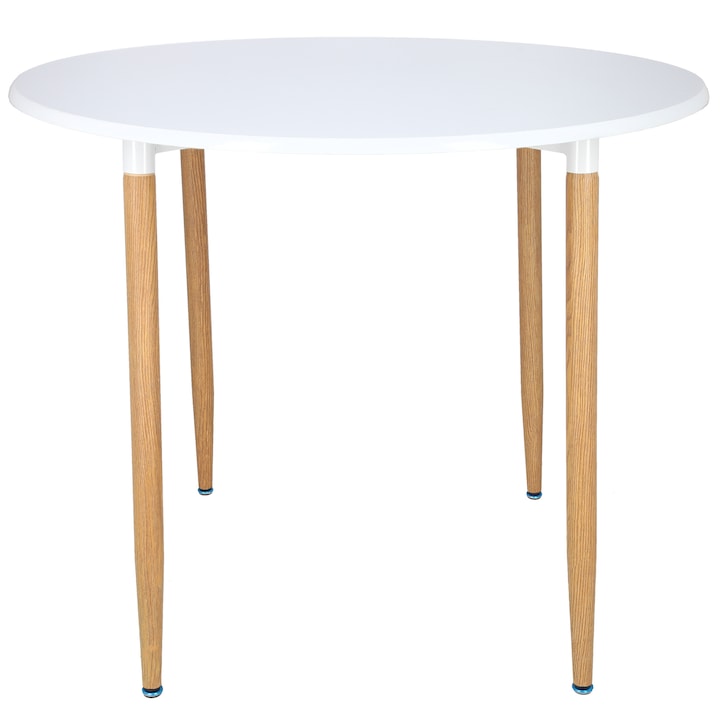 Unic Spot Lizzy Kerek étkező asztal, 90x76cm, Fehér MDF lap, Fém lábak fa textúrával