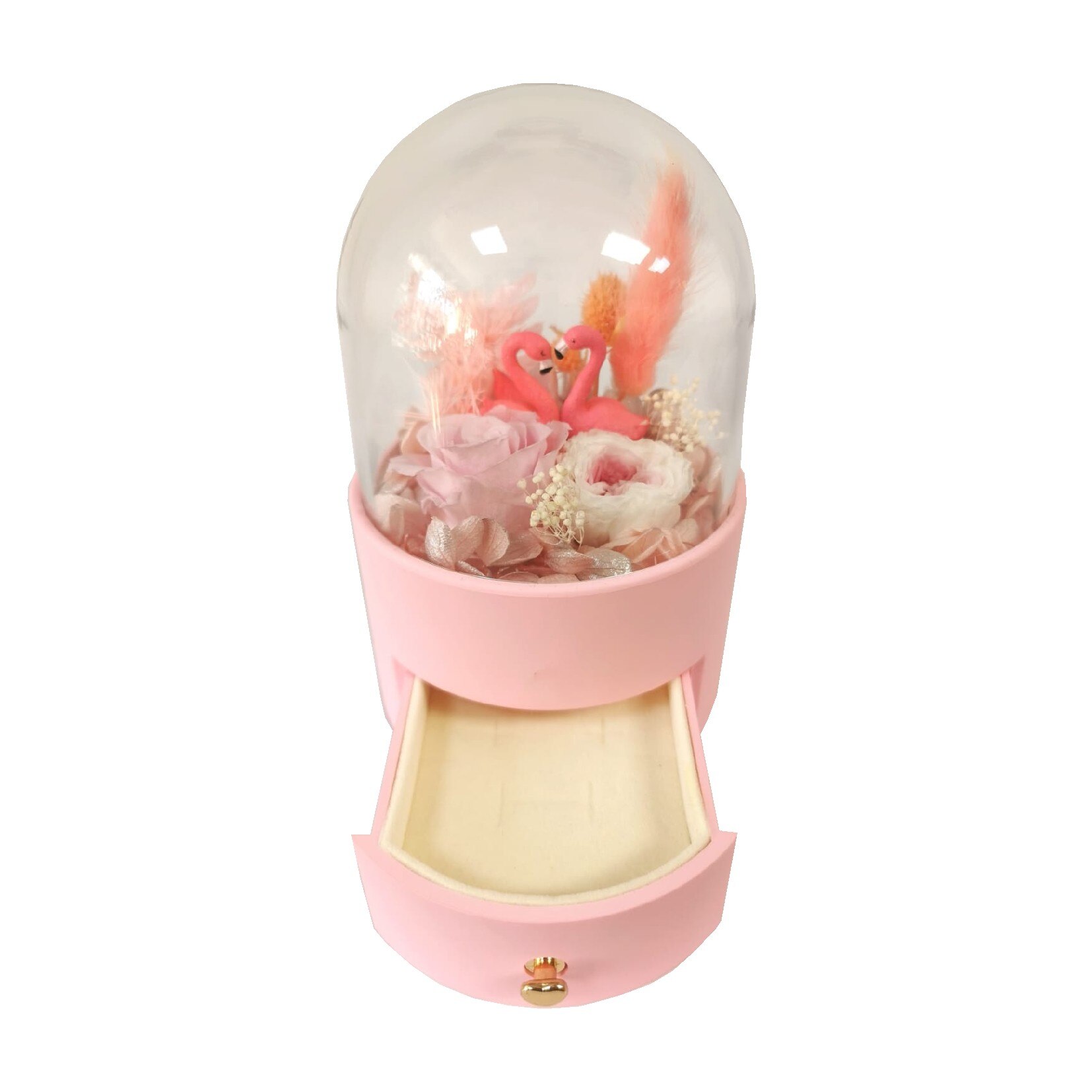 Aranjament cutie pentru bijuterii roz cu hortensie criogenata si mini rose criogenate roz , D art Flowers, 10x10x16 cm