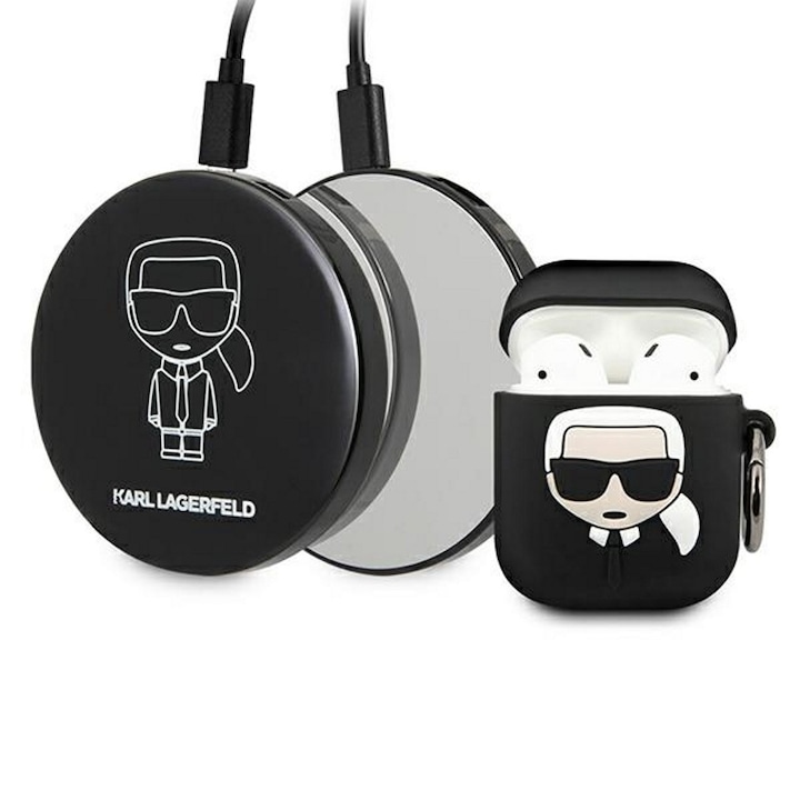 Karl Lagerfeld Apple AirPods 1/2 szilikon tok fekete külső akkumulátorral (KLBPPBOA2K)