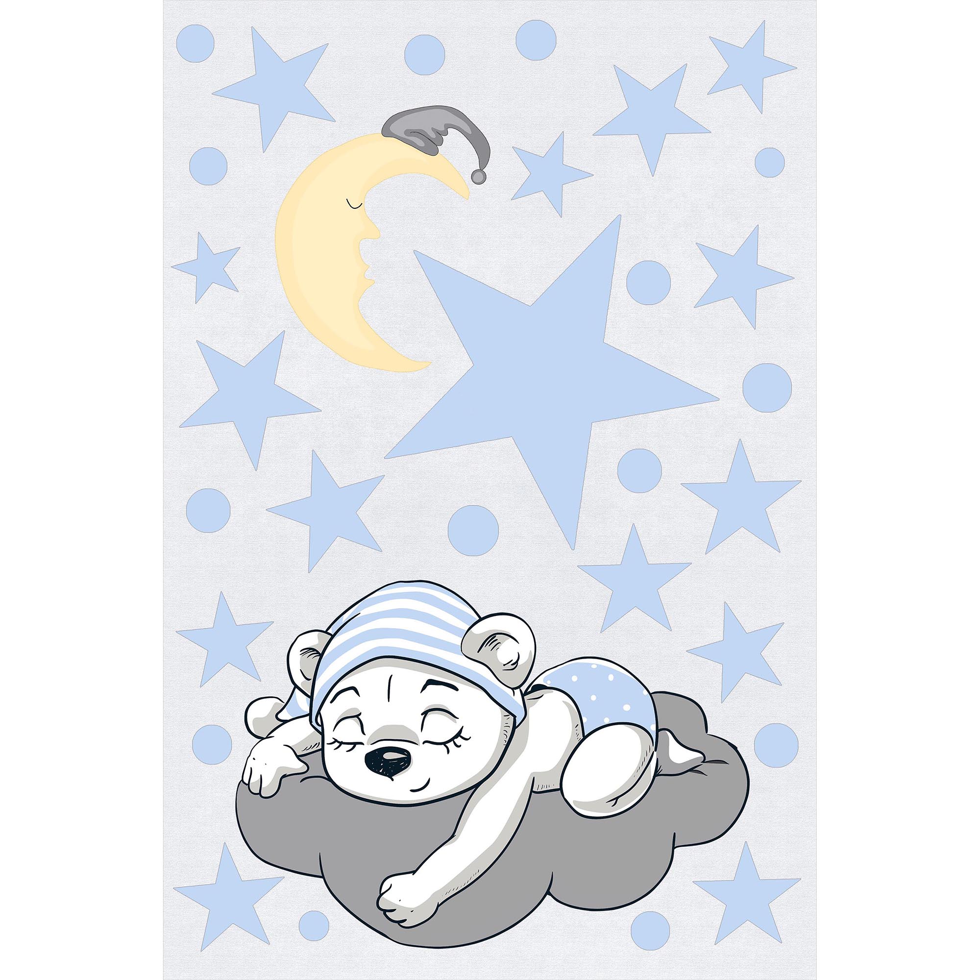 Covor cu print digital pentru copii Kring Sleeping Bear, 120x180 cm, 80% bumbac + 20% poliester, 1300 gsm, Albastru/Gri