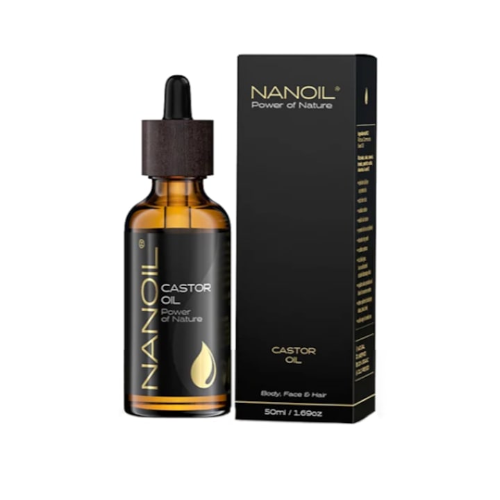 Био рициново масло, Nanoil, Студено пресовано и нерафинирано за грижа за кожа, Тяло и коса, 50 мл