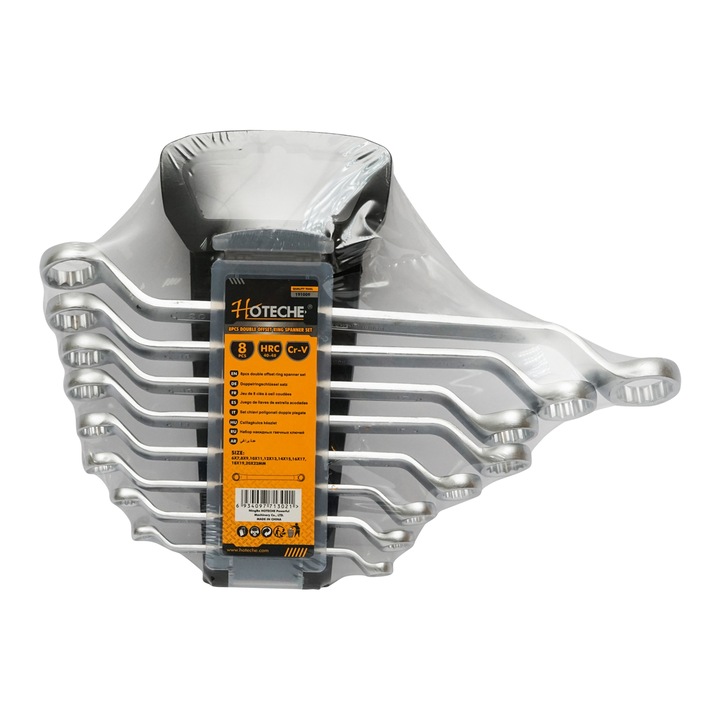 Set 8 chei inelare cotite in suport cu clema 6-22mm Hoteche