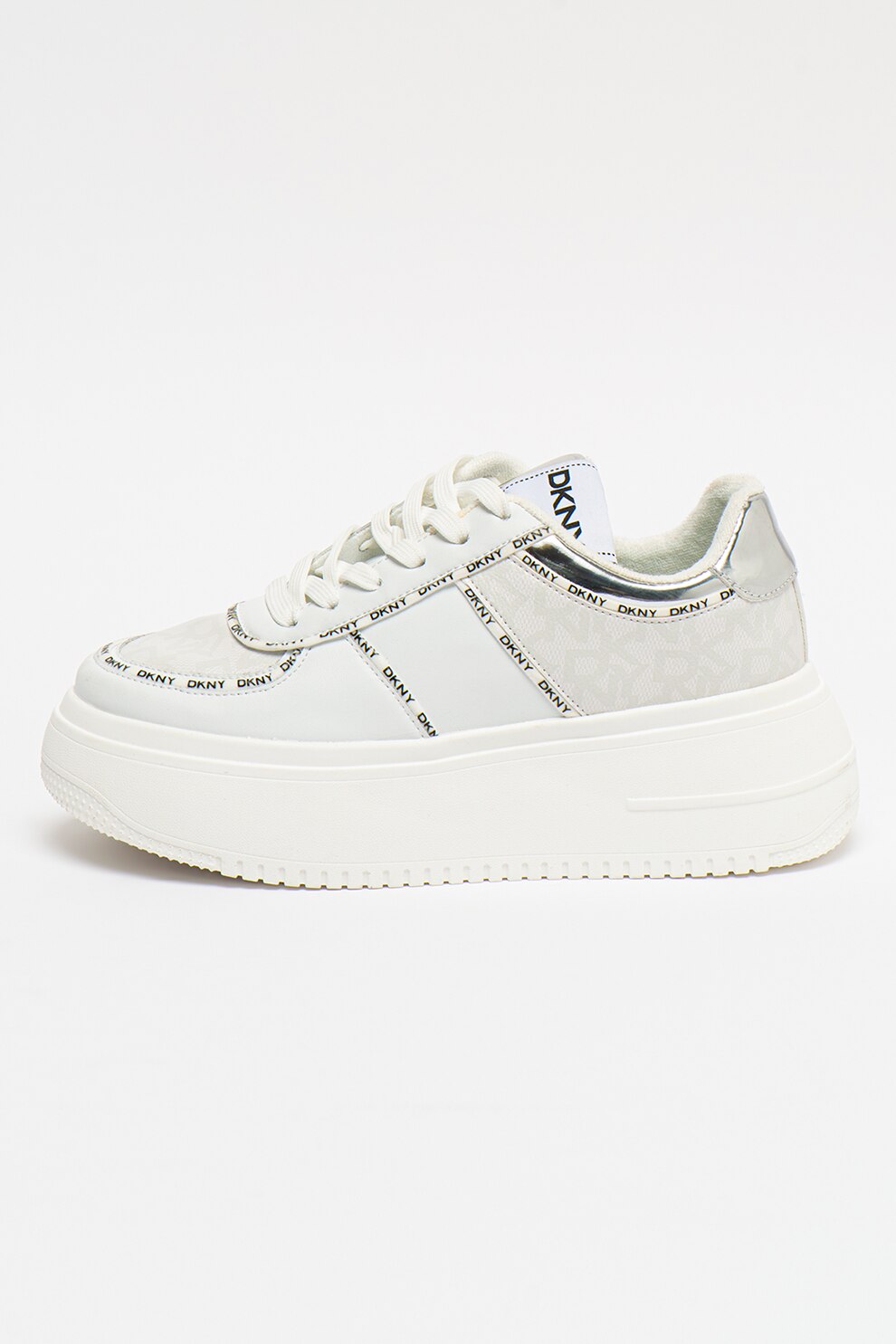 DKNY, Pantofi sport flatform de piele cu imprimeu logo Maia, Alb/Negru