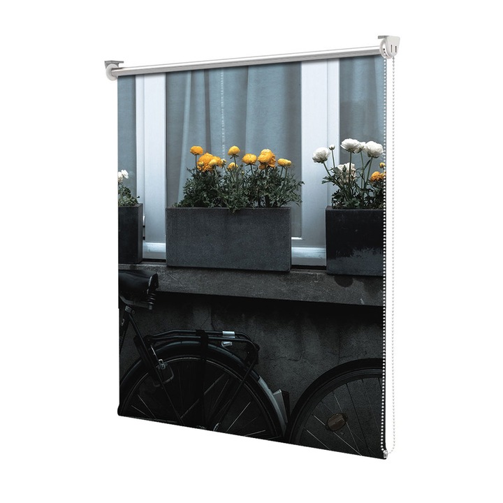 Roleta Art Shade tip Jaluzea cu Rulou si sistem inclus, Art Star, Biciclete cu flori la geam, Urban, Decoratiuni, Latime 75 cm x Inaltime 250 cm