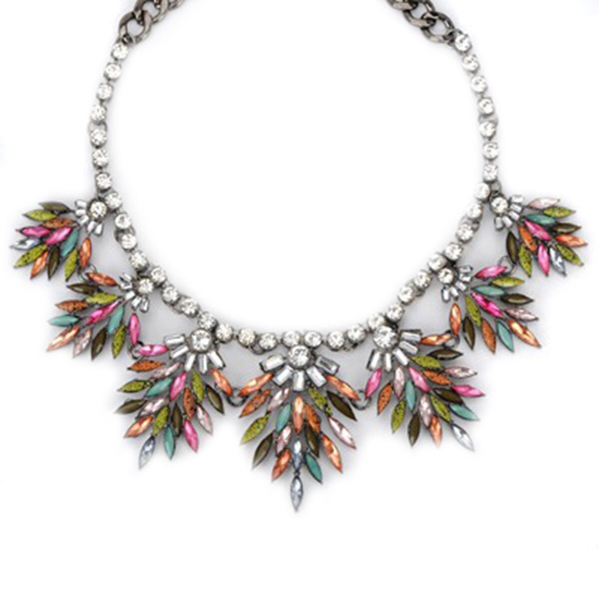 Colier ZZV cu aplicatii din strasuri multicolore dispuse in forma de frunze