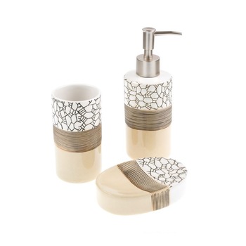 Set 3 accesorii pentru baie , ceramica , alb - bej Set 3 accesorii pentru baie , ceramica , alb - bej