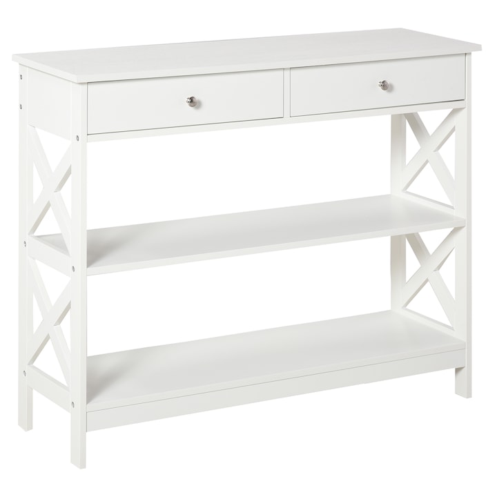 Consola cu 2 sertare si 2 rafturi, HOMCOM, MDF, 100 x 30.5 x 80 cm, Alb