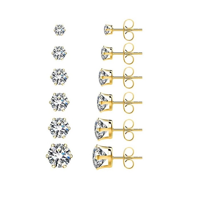 Комплект от 6 чифта обеци Nettosy, Хипоалергенна неръждаема стомана 316L, Цирконий, Злато