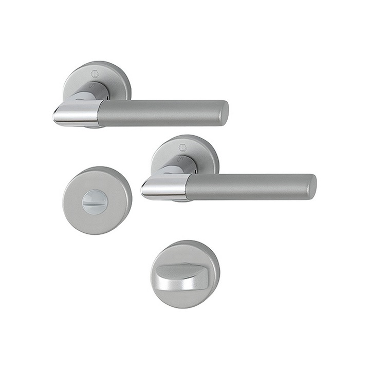 Maner usa interior, Hoppe Lecce, cu rozeta pentru baie, material aluminiu, crom lucios/satinat, 132 x 52mm