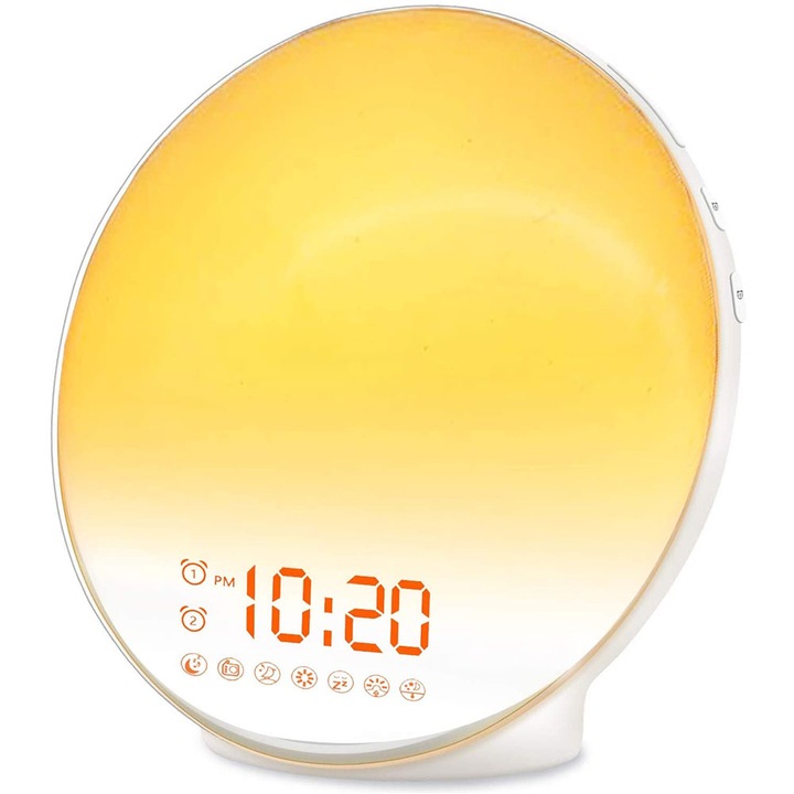 Radio FM cu ceas, NUODWELL , 7 culori LED, Wake-up light, Simulare rasarit, Sunete albe, port USB