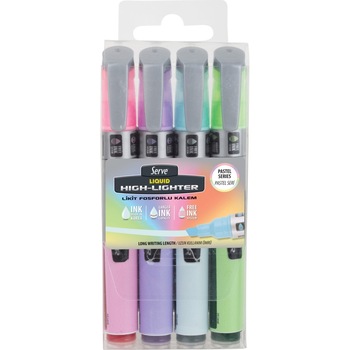 Set 4, textmarker Serve, cerneala lichida, culori pastel, (roz, mov, albastru, verde) Set 4, textmarker Serve, cerneala lichida, culori pastel, (roz, mov, albastru, verde)