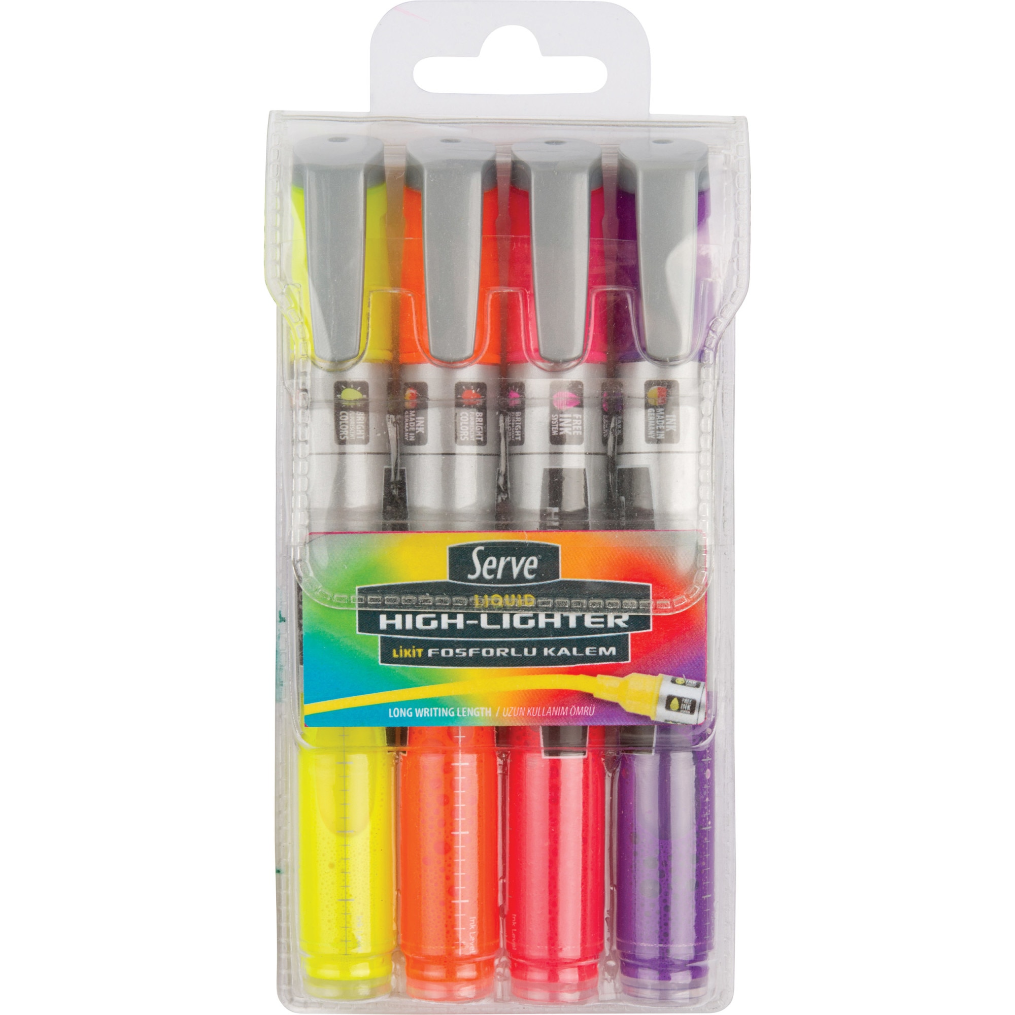 Set 4, textmarker Serve, cerneala lichida, (galben, portocaliu, roz, mov)