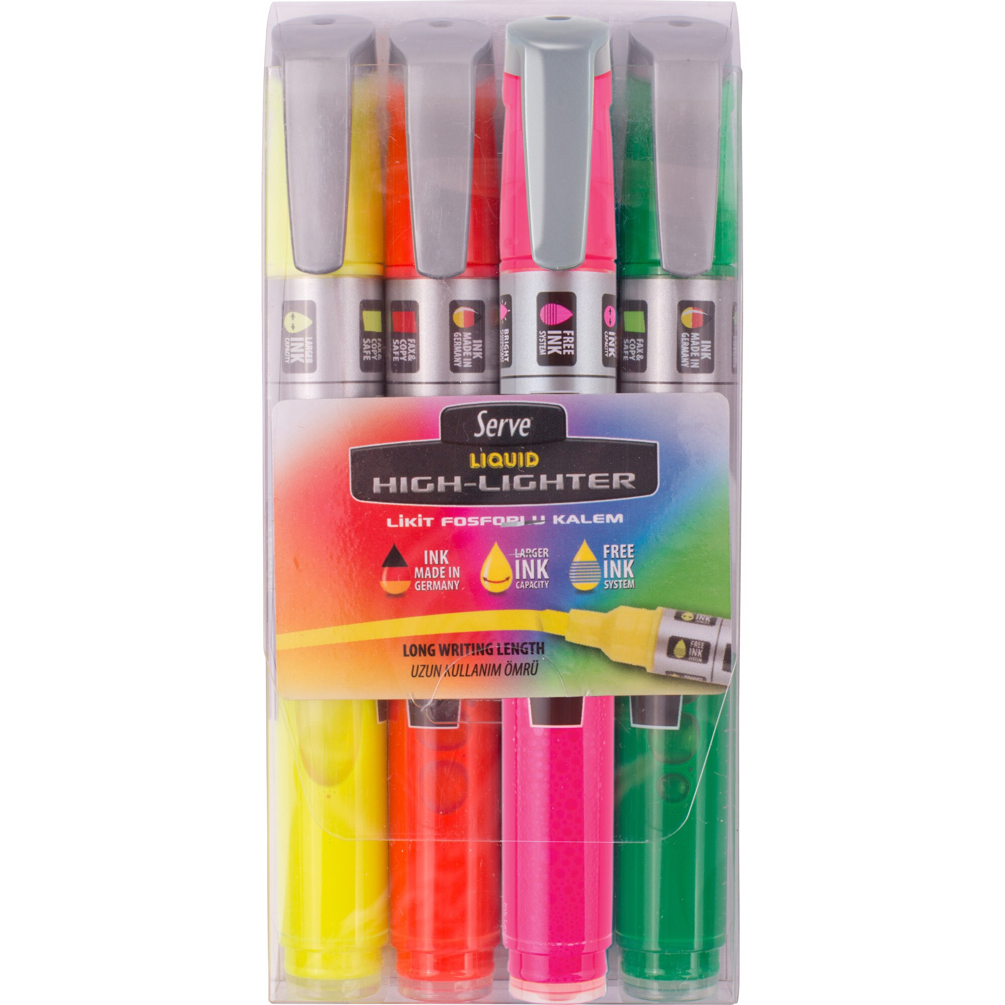 Set 4, textmarker Serve, cerneala lichida, (galben, portocaliu, roz, verde)