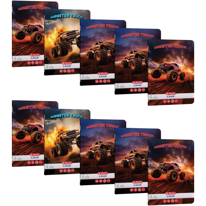 Set 10 Caiet Herlitz, A5, 48 file, 70g/mp, dictando, colturi rotunjite, motiv Monster Truck