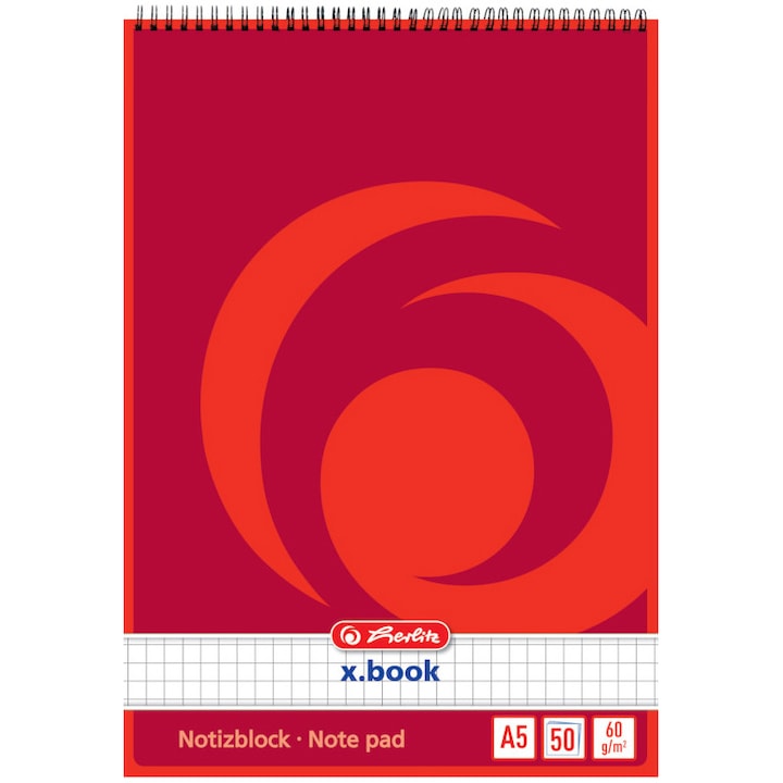 Bloc notes Herlitz, A5, 50f, patratele, cu spirala - X.Book