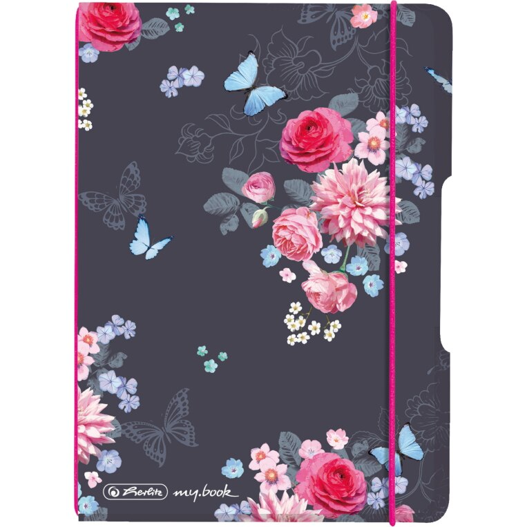 Caiet Herlitz, MyBook Flex, A6, 40f, 80gr, patratele, coperta Ladylike Flowers, elastic roz