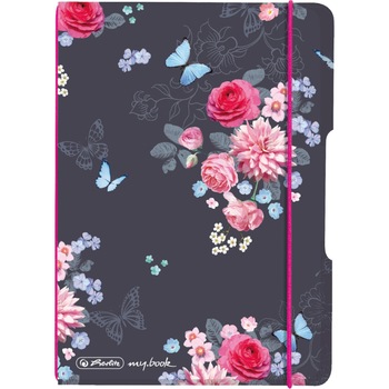 Caiet Herlitz, MyBook Flex, A6, 40f, 80gr, dictando, coperta Ladylike Flowers, elastic roz Caiet Herlitz, MyBook Flex, A6, 40f, 80gr, dictando, coperta Ladylike Flowers, elastic roz