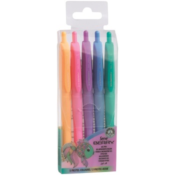 Set 5, pix Serve, cu gel berry, 0.7 mm, culori pastel, culori in set portocaliu, turcoaz, albastru, mov, roz Set 5, pix Serve, cu gel berry, 0.7 mm, culori pastel, culori in set portocaliu, turcoaz, albastru, mov, roz