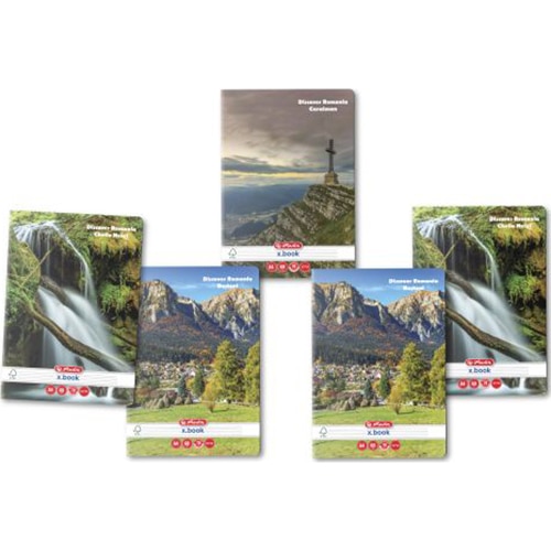 Set 5 Caiet Herlitz, A4, 60 file, 70g/mp, dictando, colturi rotunjite, motiv Discover Romania