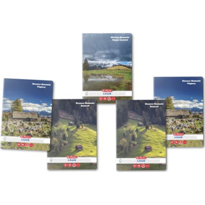 Set 5 Caiet Herlitz, A4, 60 file, 70g/mp, patratele, colturi rotunjite, motiv Discover Romania