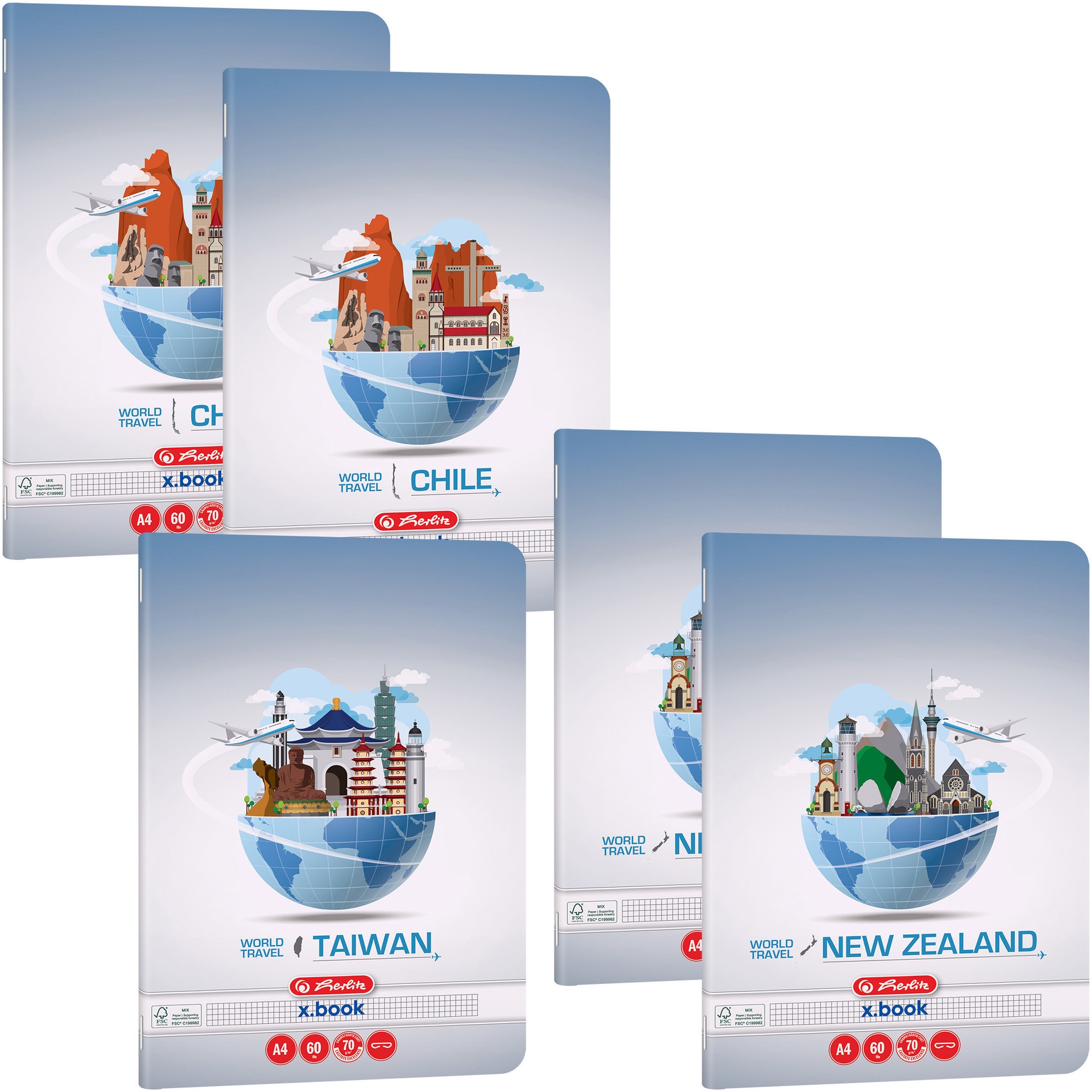 Set 5 Caiet Herlitz, A4, 60 file, 70g/mp, patratele, colturi rotunjite, motiv Travel