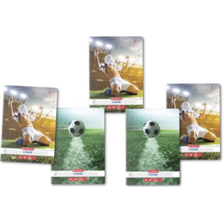 Set 5 Caiet Herlitz, A4, 80 file, 70g/mp, patratele, colturi rotunjite, motiv Fotbal