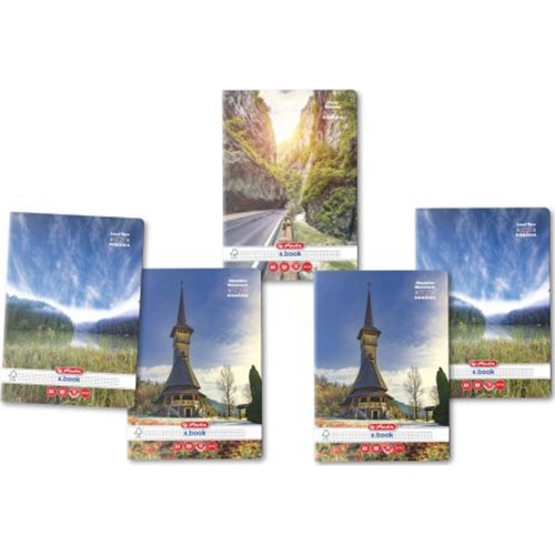 Set 5 Caiet Herlitz, A4, 80 file, 70g/mp, patratele, colturi rotunjite, motiv Romania