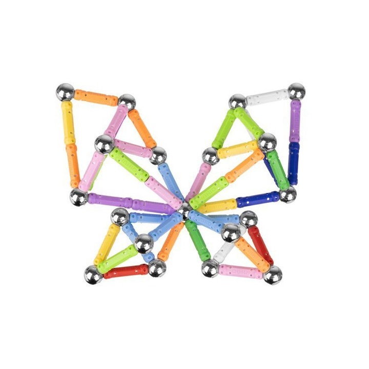 Bastonase Magnetice Magnetic Cubs idealStore, Contine 328 Piese, Diverse Forme si Culori, Materiale Sigure si Durabile, 2 Masinute Incluse, Stimuleaza Creativitatea, Organizator Inclus