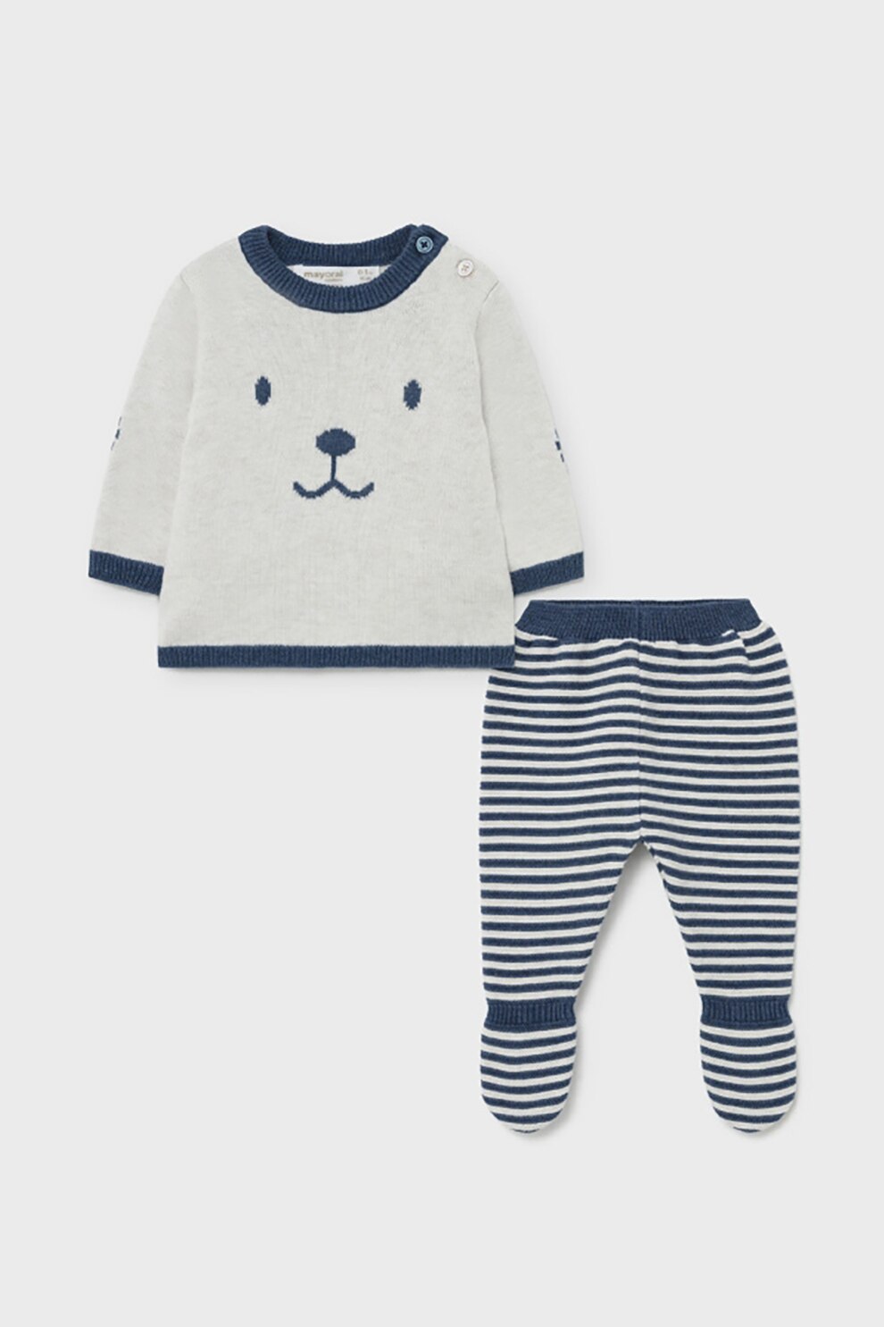 Mayoral, Set de pantaloni cu botosei si pulover de bumbac organic, Alb prafuit/Bleumarin