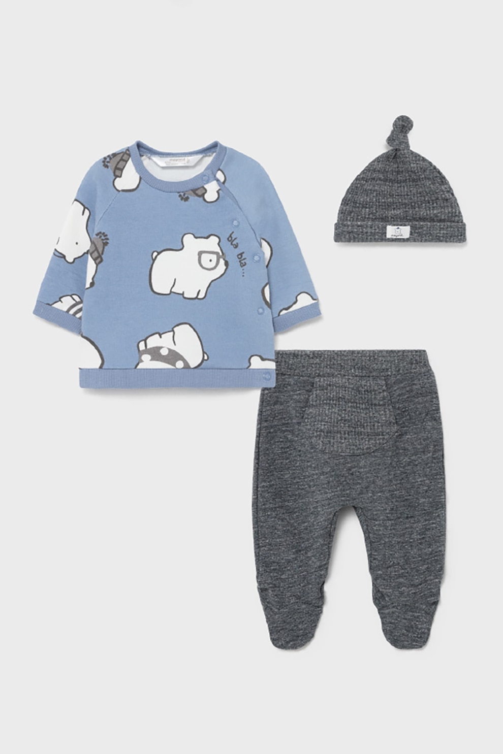 Mayoral, Set de imbracaminte cu ursuleti - 3 piese, Albastru lavanda/Gri inchis melange