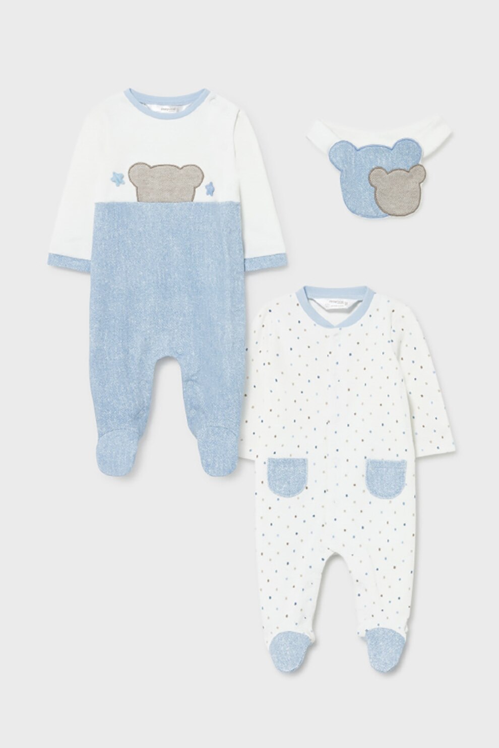 Mayoral, Set de salopeta cu botosei si bavetica- 3 piese, Alb/Albastru lavanda