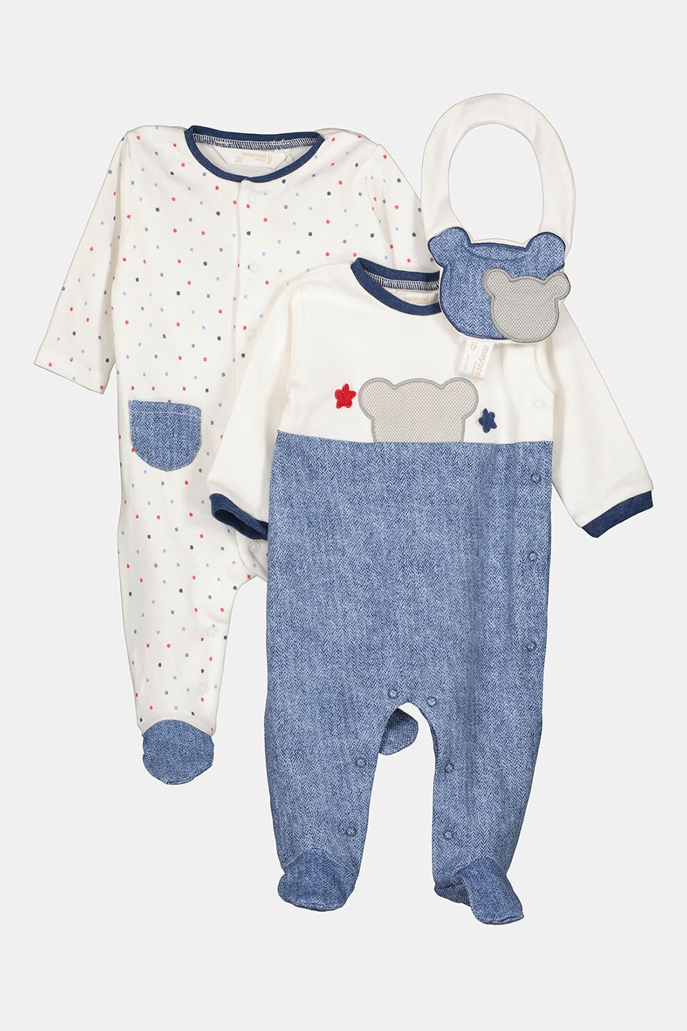 Mayoral, Set de salopeta cu botosei si bavetica- 3 piese, Alb/Albastru/Rosu