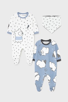 Mayoral, Set de pijama cu botosei si bavetica- 3 piese, A;bAlbastru lavanda/Gri inchis, 86 CM Mayoral, Set de pijama cu botosei si bavetica- 3 piese, A;bAlbastru lavanda/Gri inchis, 86 CM
