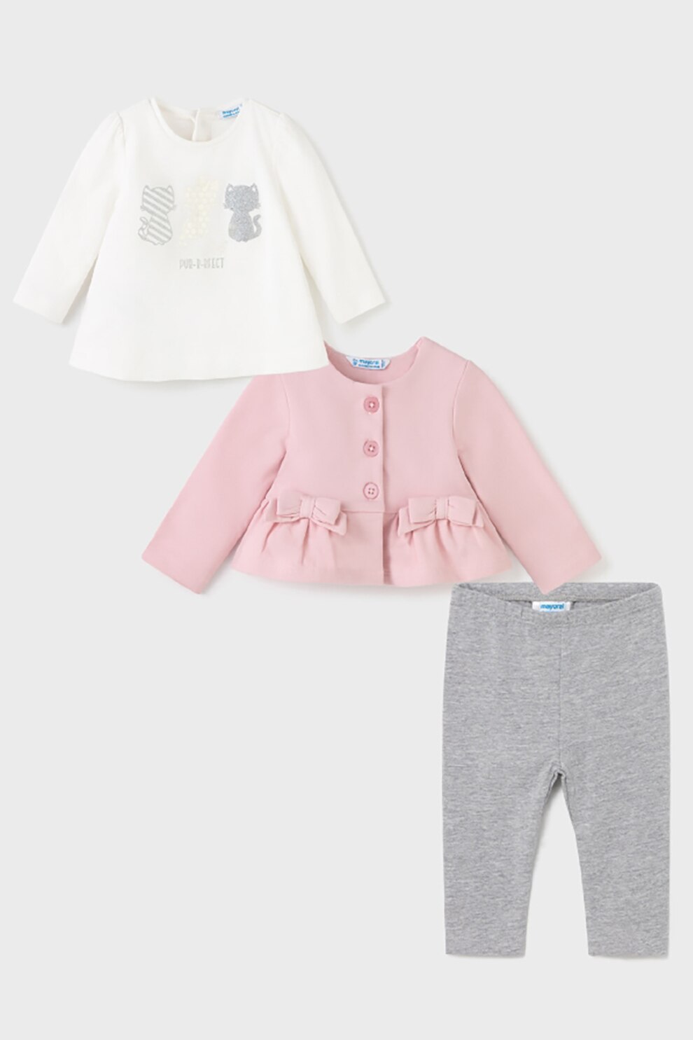 Mayoral, Set de imbracaminte din amestec de bumbac - 3 piese, Alb/Roz melange/Gri melange