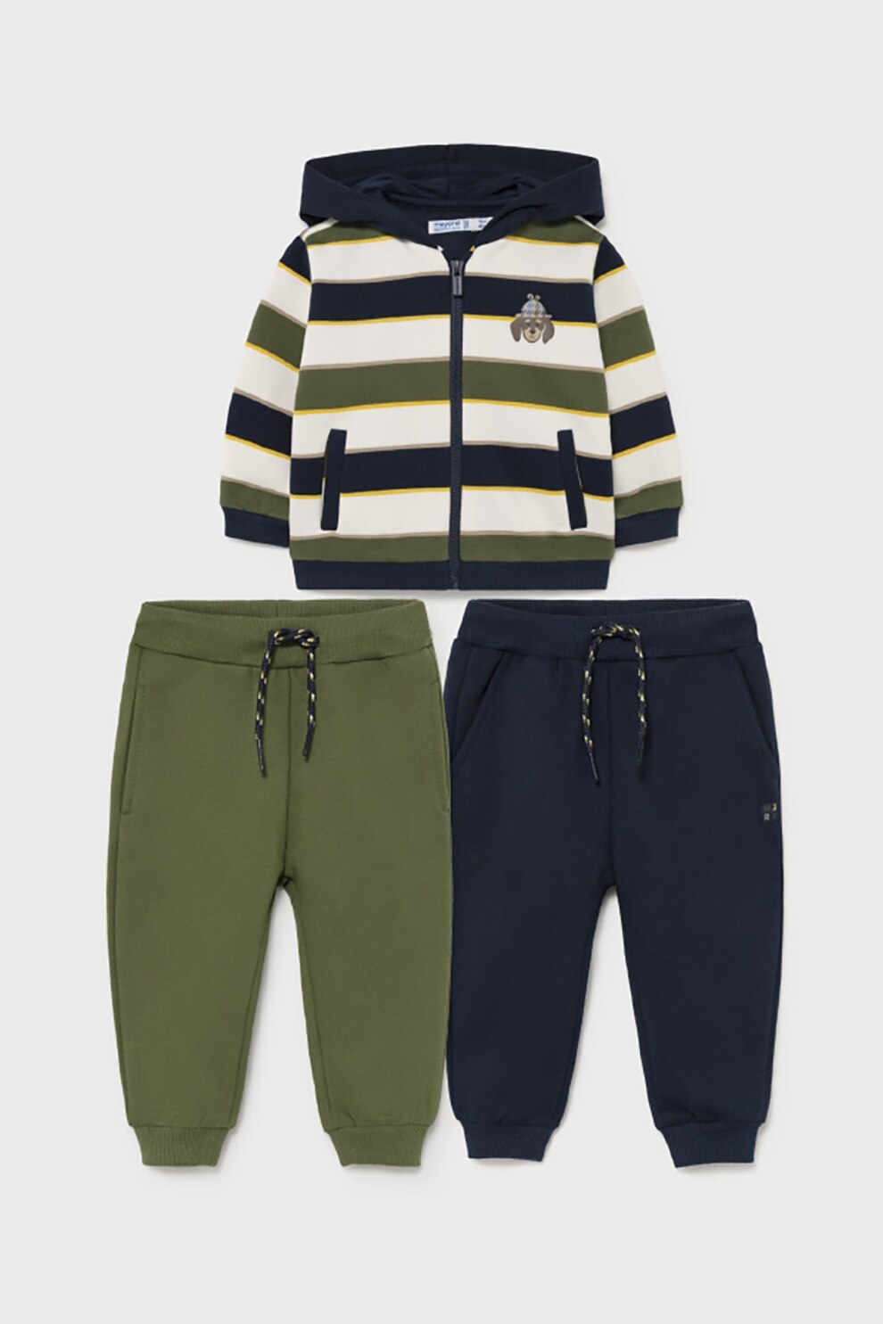 Mayoral, Set de pantaloni sport si hanorac cu fermoar - 3 piese, Verde militar/Alb/Bleumarin, 80 CM