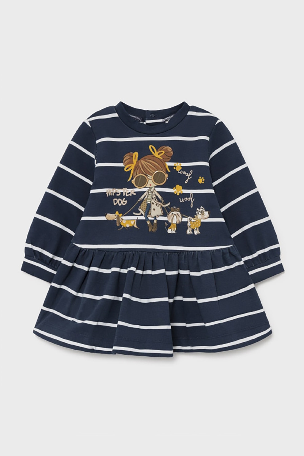 Mayoral, Rochie evazata cu model in dungi si imprimeu grafic, Bleumarin/Alb/Maro