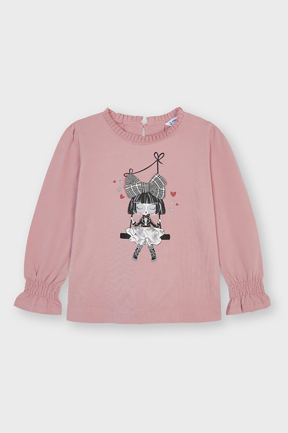 Mayoral, Bluza cu mansete cu volane si imprimeu grafic, Roz prafuit/Negru/Alb, 110 CM