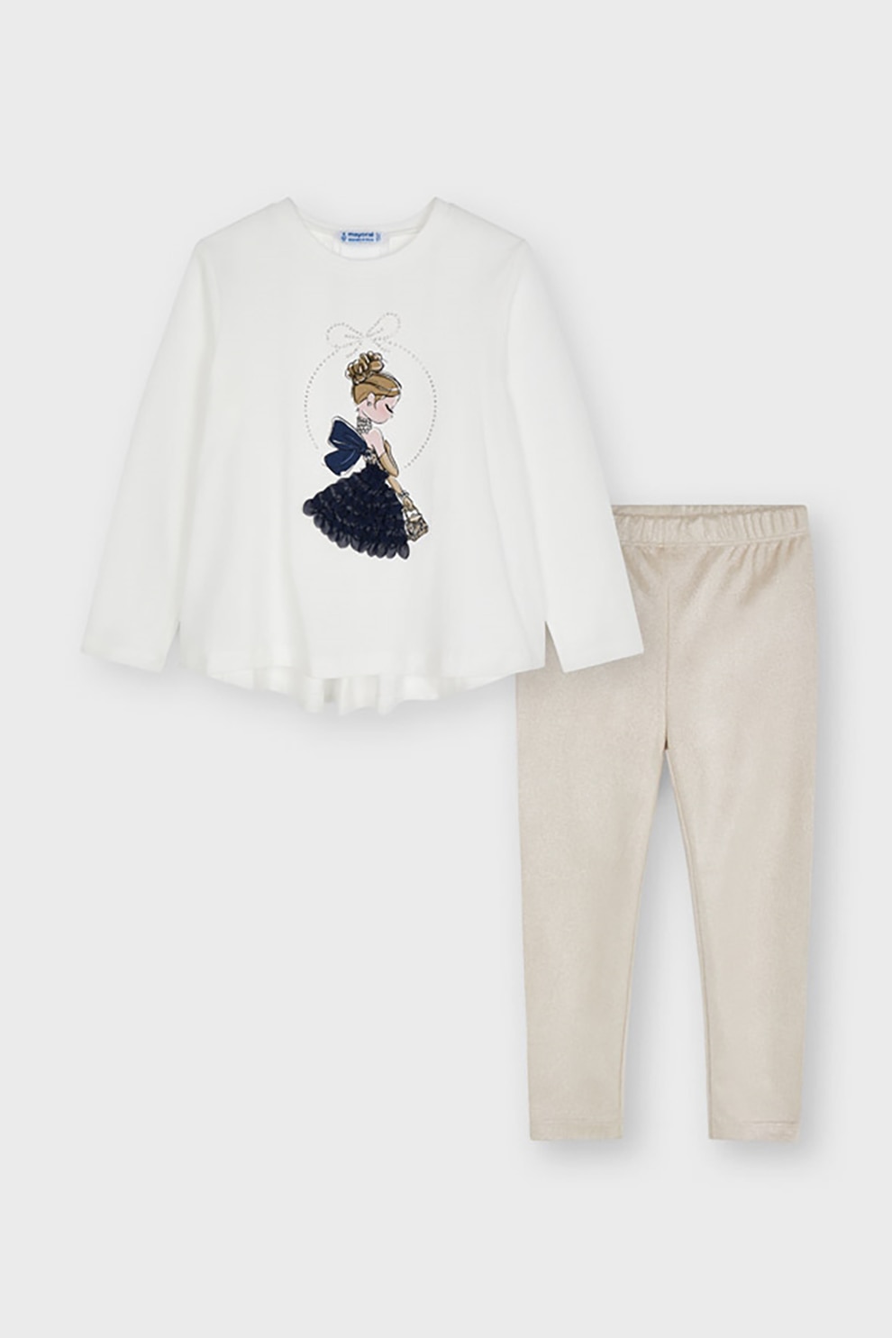 Mayoral, Set de colanti de piele intoarsa ecologica si bluza cu imprimeu, Alb/Maro nisip/Bleumarin inchis