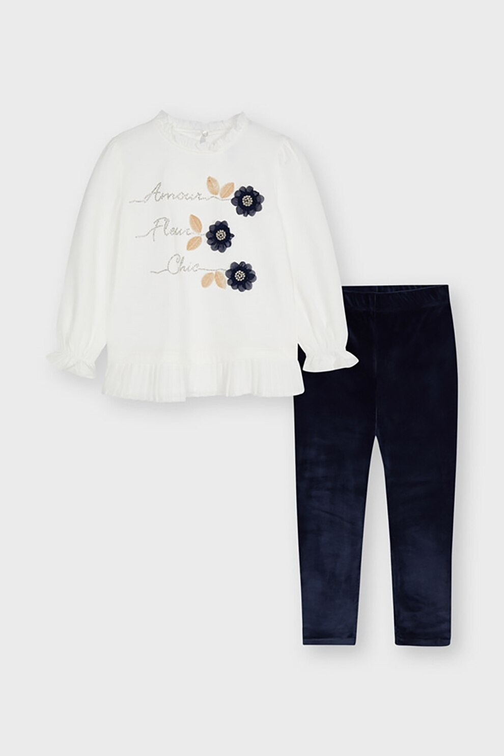 Mayoral, Set de bluza si colanti cu aspect catifelat, Alb/Bleumarin inchis