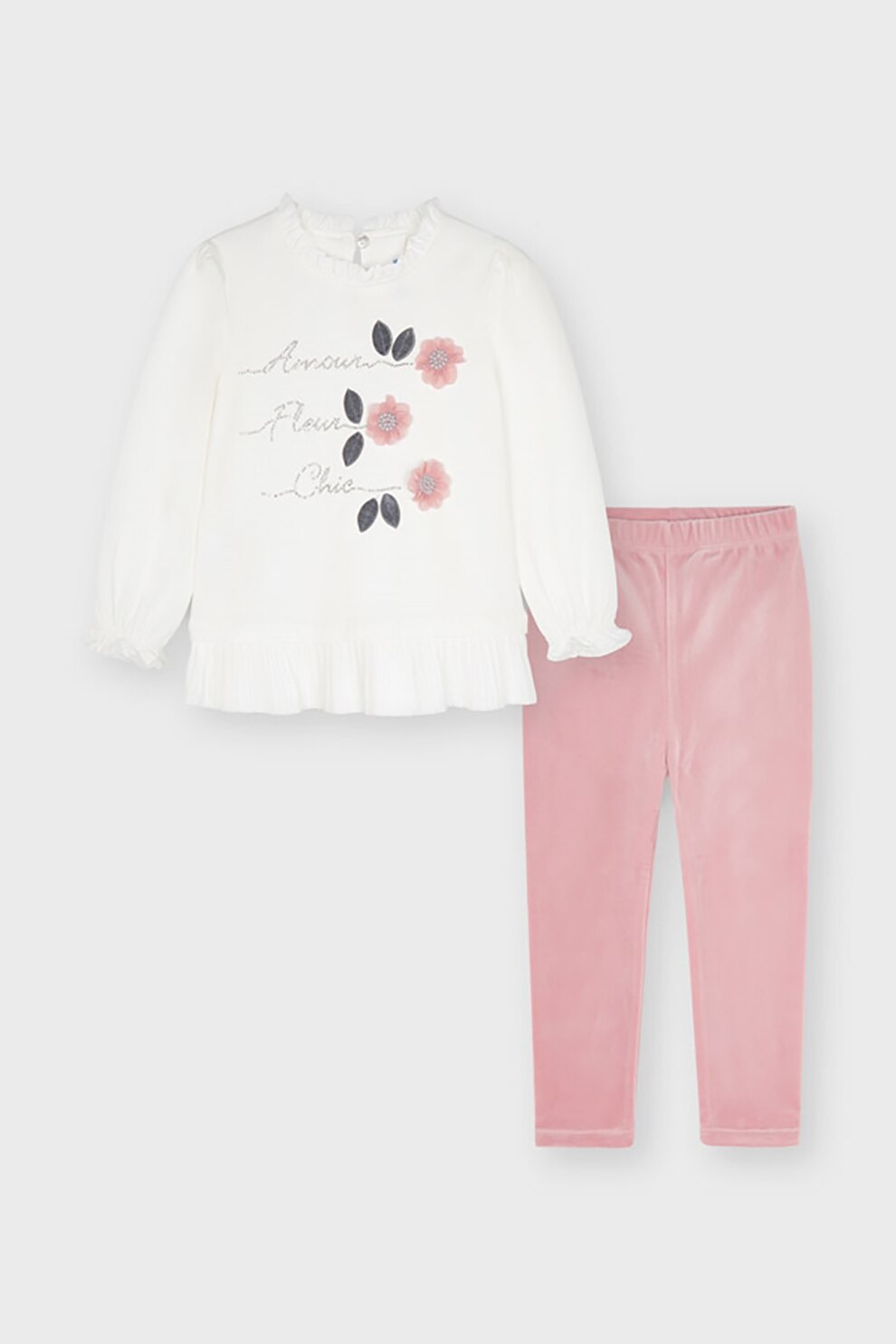 Mayoral, Set de bluza si colanti cu aspect catifelat, Alb/Roz prafuit