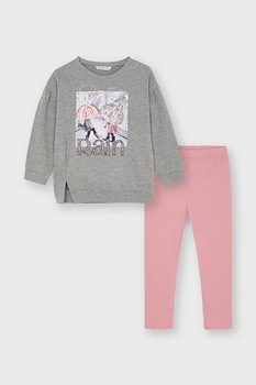 Mayoral, Set de colanti si bluza sport cu imprimeu - 2 piese, Gri melange/Roz Mayoral, Set de colanti si bluza sport cu imprimeu - 2 piese, Gri melange/Roz