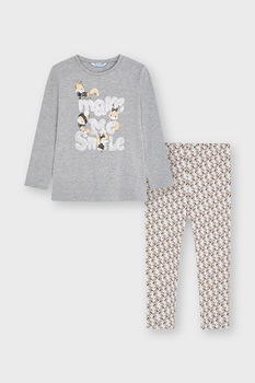 Mayoral, Set de colanti si bluza cu imprimeu grafic - 2 piese, Gri melange/maro/alb Mayoral, Set de colanti si bluza cu imprimeu grafic - 2 piese, Gri melange/maro/alb