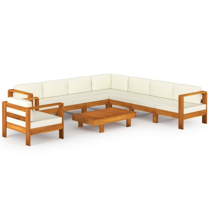 Set mobilier gradina perne alb crem vidaXL, 9 piese, lemn masiv acacia, 67.7 kg