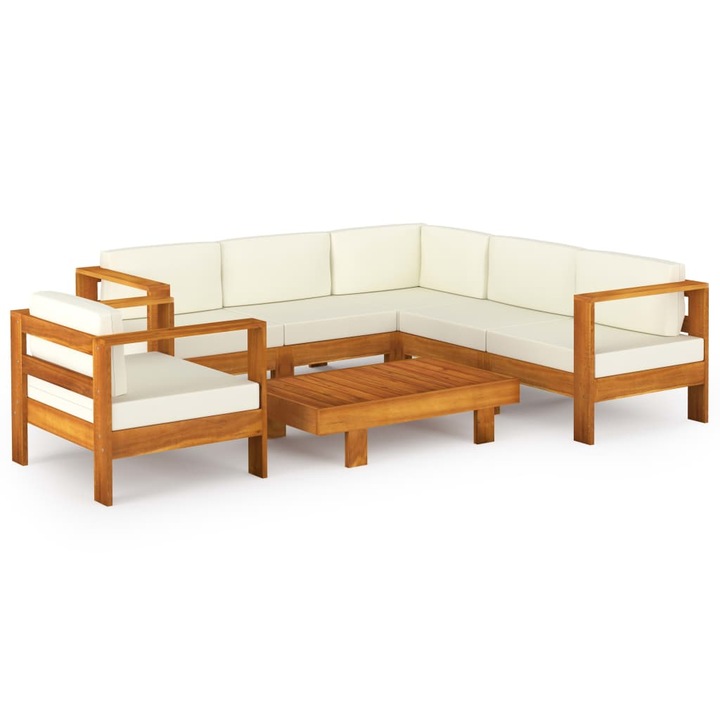 Set mobilier gradina perne alb/crem vidaXL, 7 piese, lemn masiv acacia, 67.7 kg 3057936