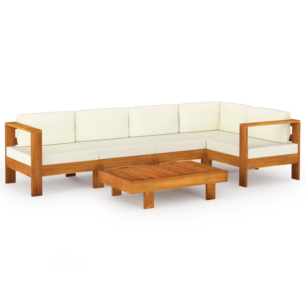 Set mobilier pentru gradina din 6 piese cu perne alb crem, vidaXL, Lemn de acacia, Maro