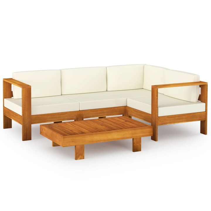Set mobilier gradina perne alb crem vidaXL, 5 piese, lemn masiv acacia, 47.4 kg