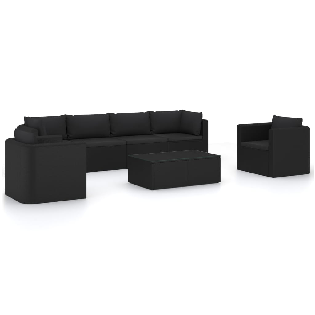 Set mobilier de exterior din ratan cu 7 piese cu perne, vidaXL, Poliratan, Negru