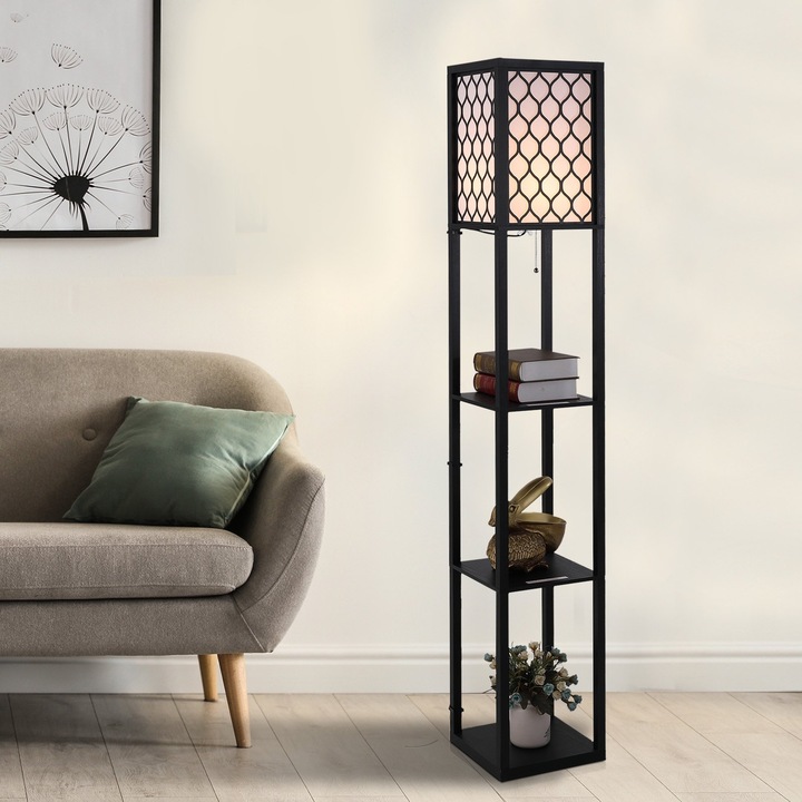 Lampa de podea, HOMCOM, economisitoare de spatiu, cu rafturi, bumbac rezistent, MDF, 26x26x160 cm, negru/alb