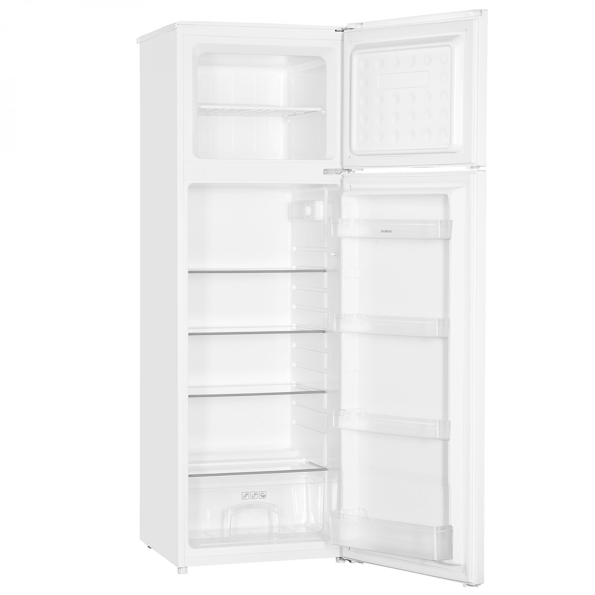 Frigider cu doua usi Samus SW344E, 248 L, Clasa energetica E, Termostat reglabil, 4 rafturi sticla, H 165 cm, Alb