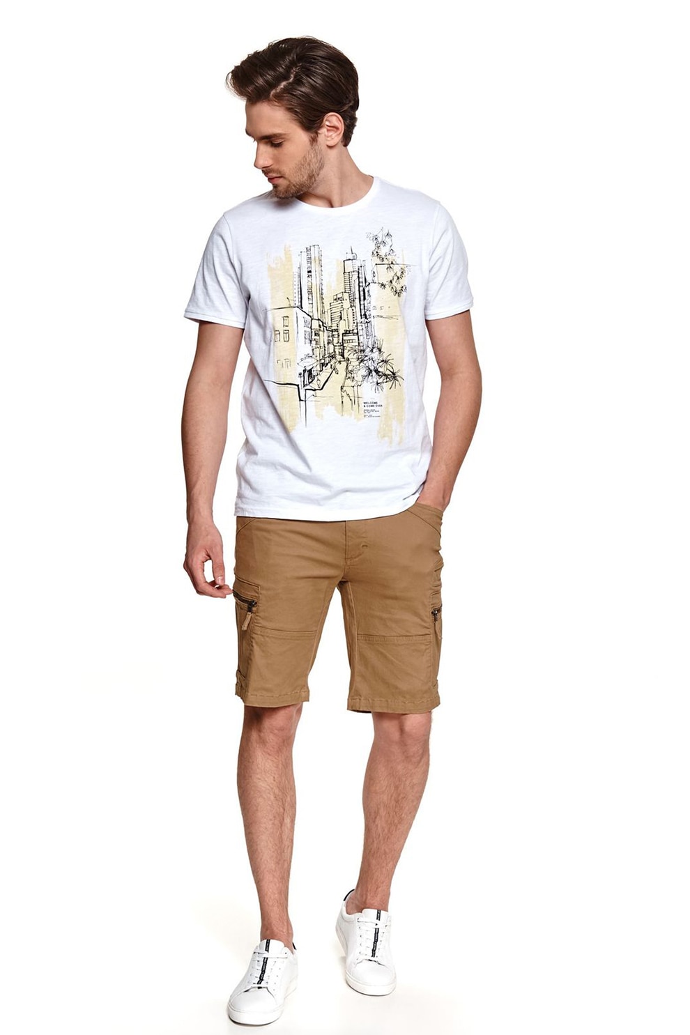 Top Secret, Tricou de bumbac cu imprimeu urban, Alb/Maro camel/Negru, XL